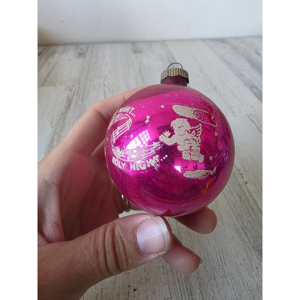 Vintage shiny Brite silent night stencil Angel chair of pink glass ornament holy